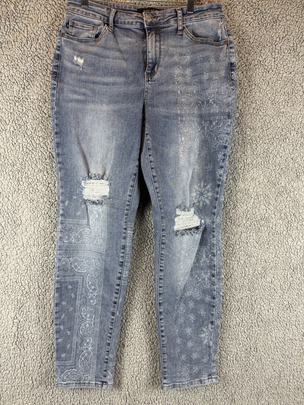 Judy Blue Jeans Womens 11/30 Blue Boyfriend Fit Distressed Bandana Print Denim